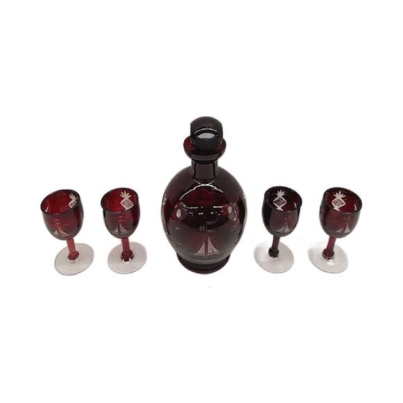 Mid Century Bohemia Cut to Clear Ruby Red Stemmed Cordial Decanter Set - Picture 6 of 10